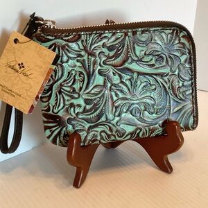 Patricia Nash Credit Card Wristlet Turquoise Brown Tooled Leather NWT $69